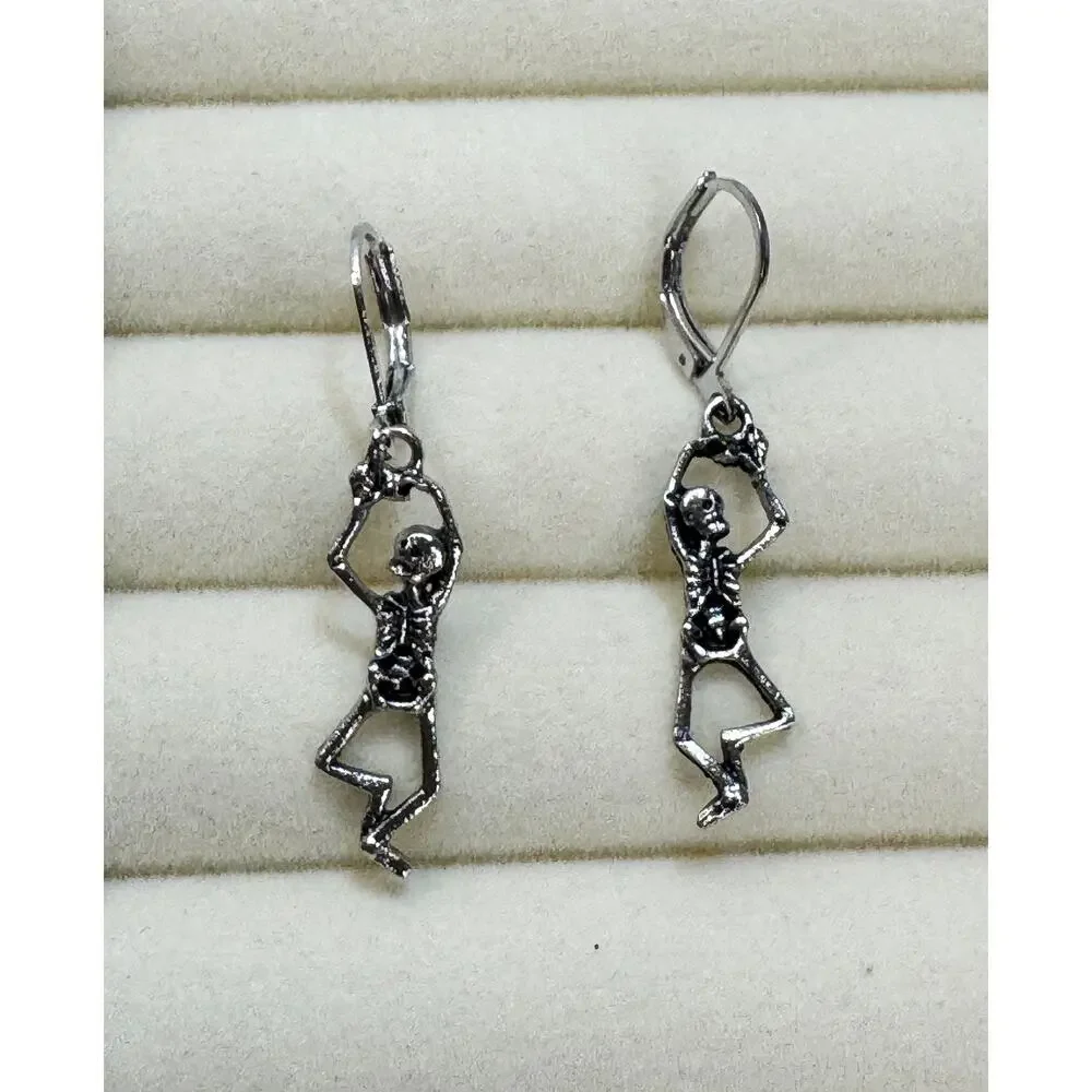Halloween Skeleton Dangle Earrings Silver Tone Leverback Gothic Spooky 1.5